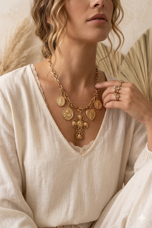 Collier Charms Médailles Religieuses Vintage