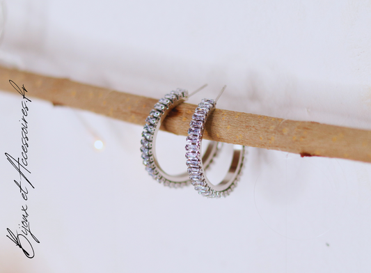 Boucles d'Oreilles Créoles Strass en Acier Inoxydable , Éclat Intemporel