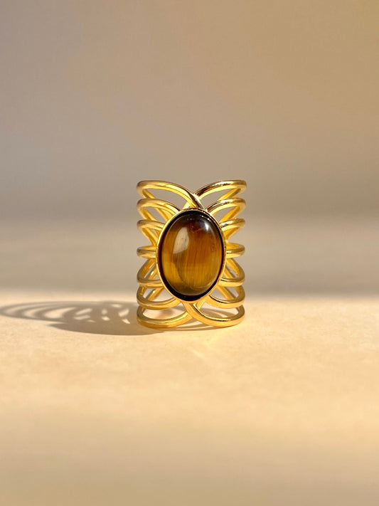 Bagues Dorée Pierre Naturelle  Œil de Tigre en acier