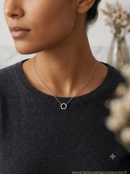 Collier Fleur Strass en Acier Inoxydable Argenté