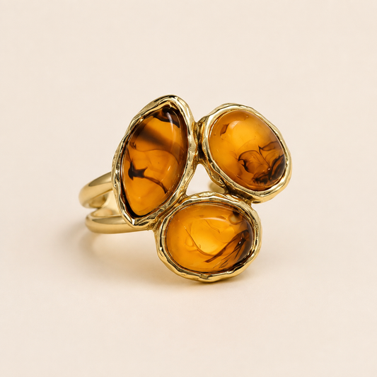 Bague Trois Pierres ambrées réglable en acier inoxydable doré