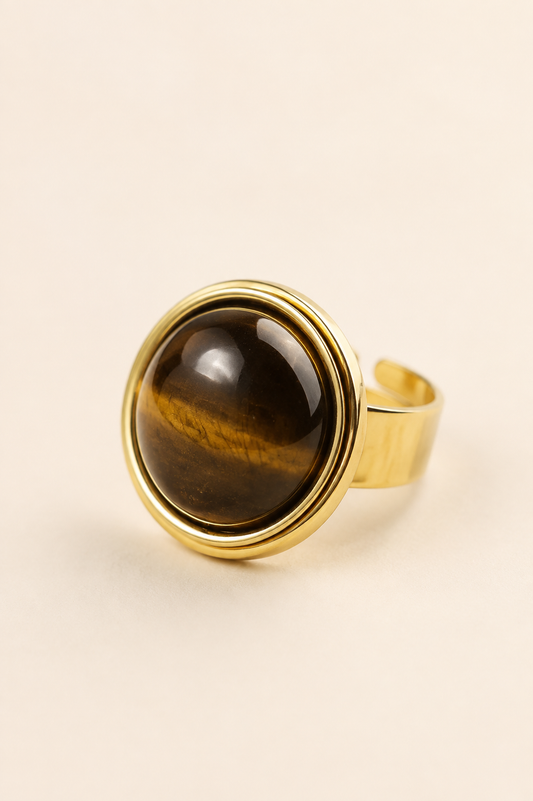 Bague effet  Œil-de-tigre dorée réglable en acier inoxydable