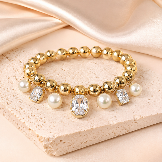 Bracelet doré avec perles et cristaux en acier inoxydable  18 à 21 cm