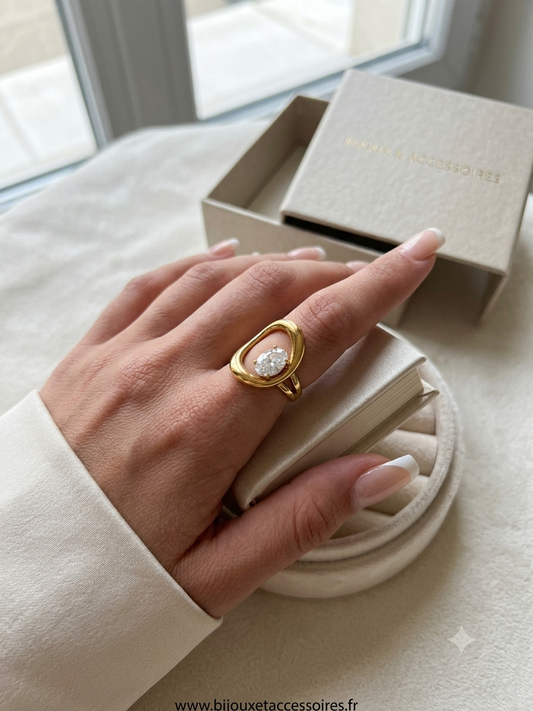Bague Ajustable en Acier Inoxydable  Anneau Organique Doré et Cristal Ovale