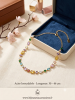 Collier Ajustable en Acier Inoxydable et Cristaux Multicolores
