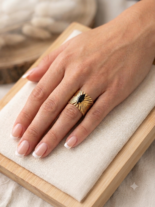 Bague Ajustable en Acier Inoxydable Doré  Pierre Navette Noire