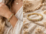 Bracelet Jonc Fleuri Doré en Laiton Émaillé rose