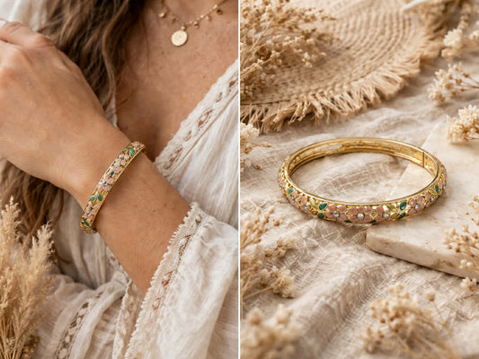Bracelet Jonc Fleuri Doré en Laiton Émaillé rose