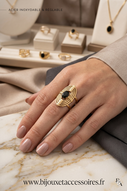 Bague  Doré et Pierre Noire  (Collection Prestige)