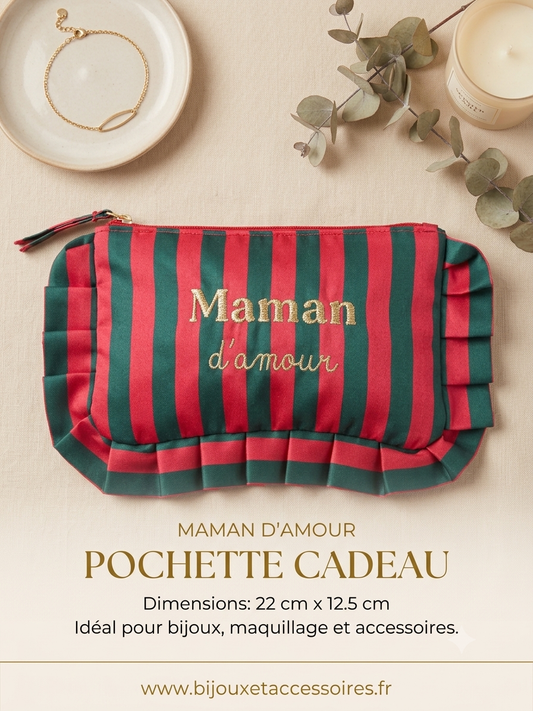 Pochette "Maman d'amour" à Volants  Rayures Vert & Rouge