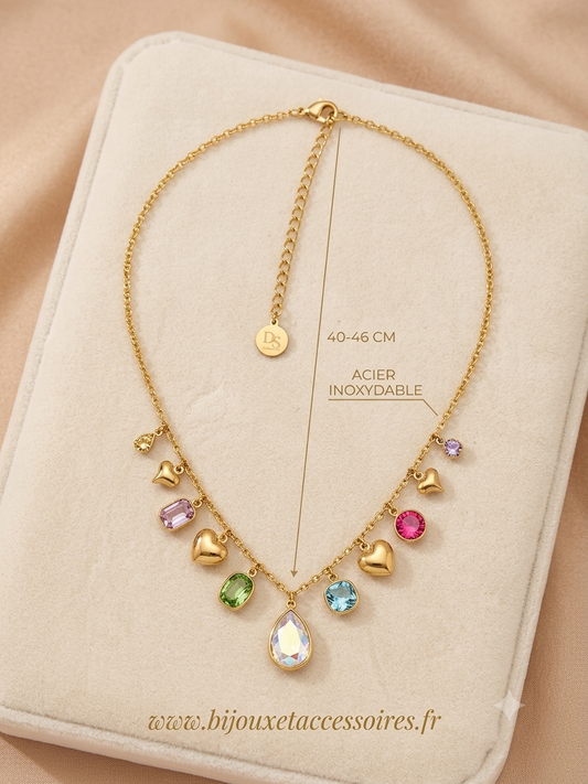 Collier Doré Multi-Pampilles Cœurs & Cristaux Colorés (Acier Inoxydable)