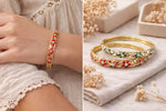 Bracelet Jonc Fleuri Doré en Laiton Émaillé rouge
