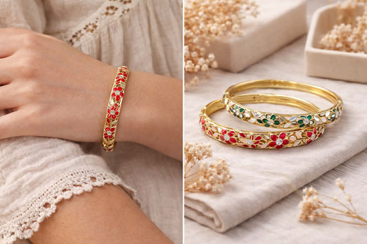 Bracelet Jonc Fleuri Doré en Laiton Émaillé rouge