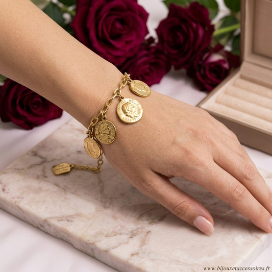 Bracelet Chaîne et Pièces Antiques en Acier Inoxydable doré