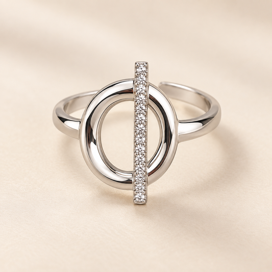 Bague Ovale scintillante réglable en acier inoxydable argenté