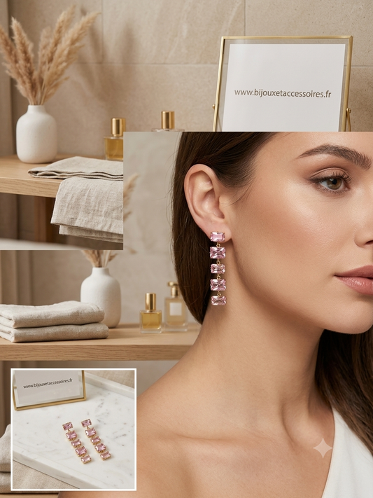 Boucles d'Oreilles Pendantes "Éclat Rose" en Acier Inoxydable