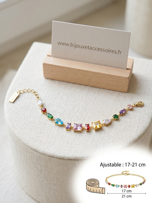 Bracelet Acier Inoxydable Doré Cristaux Multicolores "Arc-en-Ciel"
