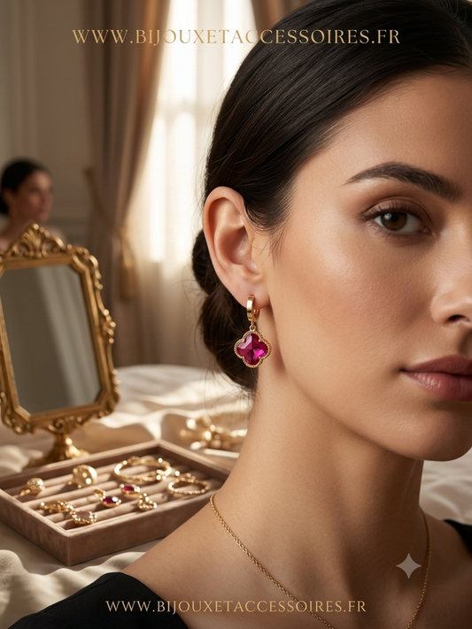 Boucles d'Oreilles Trèfle en Acier Inoxydable & Cristal