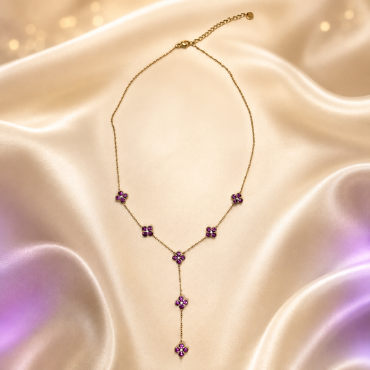 Collier Fleurs violettes en Y en acier inoxydable doré