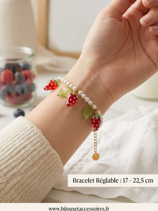 Bracelet Perles et Fraises en Acier Inoxydable