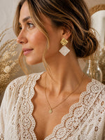 Boucles d'Oreilles Pendantes Géométriques en Acier Inoxydable Doré et Nacre Blanche