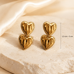 Boucles d’oreilles Double Cœur dorées en acier inoxydable 3 cm