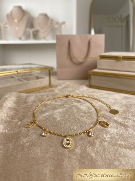 Chaîne de Cheville en Acier Inoxydable Doré  Maillons et Charms Strass