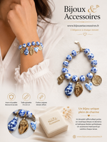 Bracelet Breloques Céramique Bleue & Blanche en Acier Inoxydable ( Ajustable 19 à 22 cm)