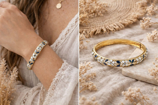 Bracelet Jonc Fleuri Doré en Laiton Émaillé bleu et blanc