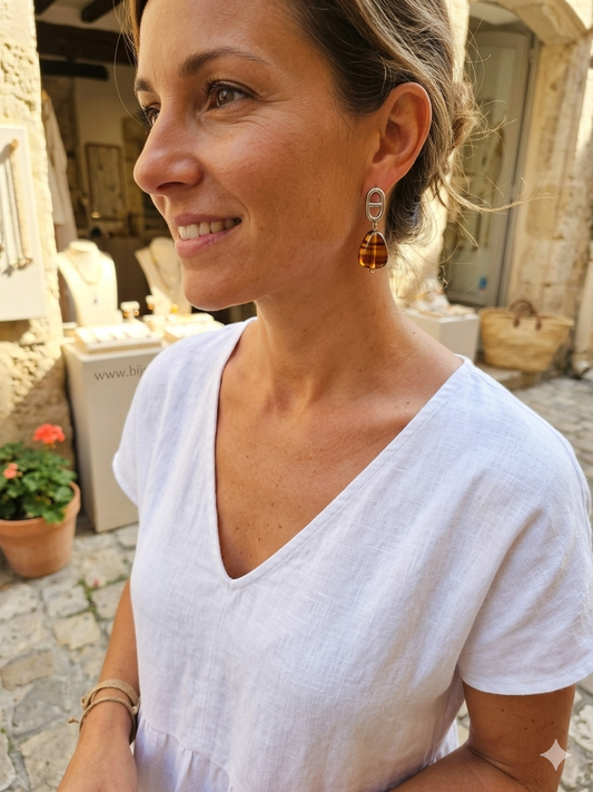 Boucles d’Oreilles Ambre et Doré