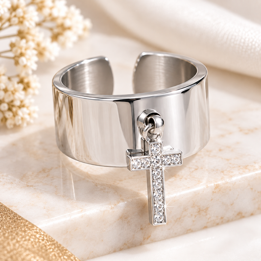 Bague Croix scintillante réglable en acier inoxydable argenté