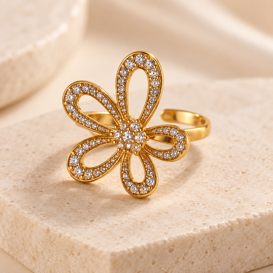 Bague Fleur scintillante réglable en acier inoxydable doré