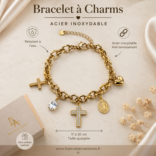 Bracelet à Charms Doré – Acier Inoxydable (Ajustable 17-20 cm)