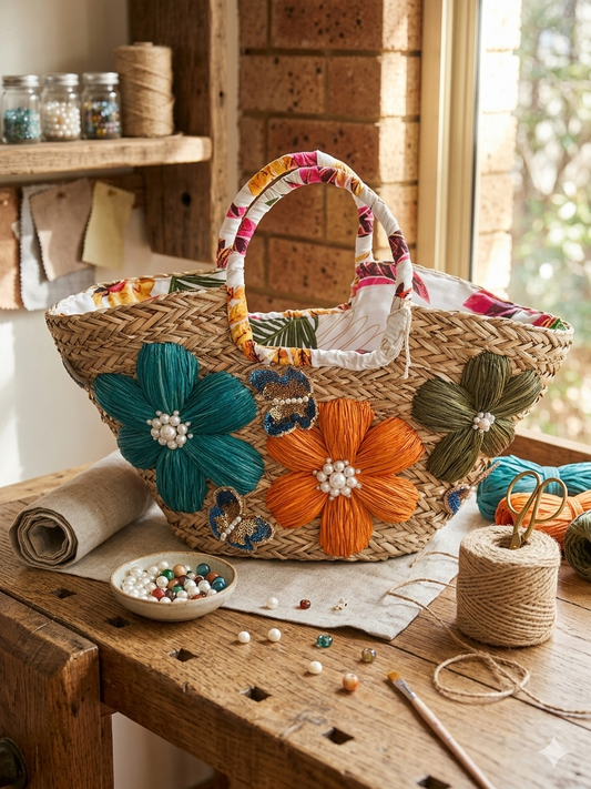 Panier en Osier Bohème Chic avec Fleurs et Papillons