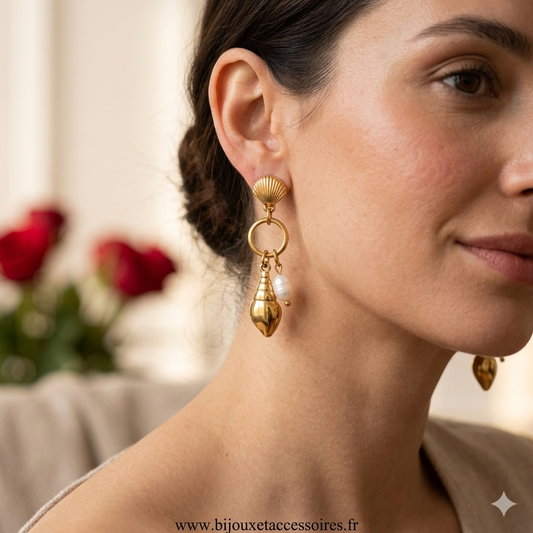 Boucles d'Oreilles Coquillage et Perle en Acier Inoxydable  Collection Marine