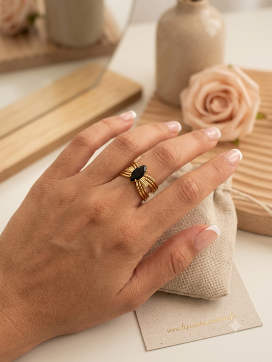 Bague Ajustable en Acier Inoxydable Doré  Pierre Navette Noire