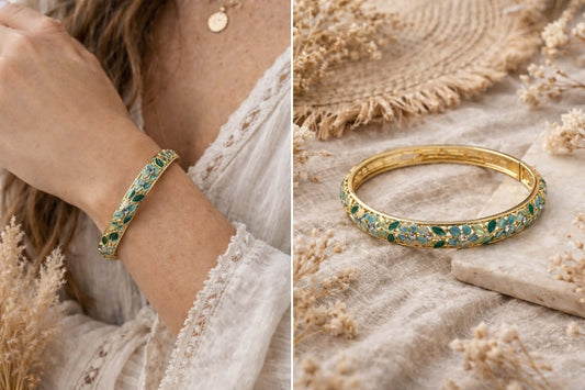 Bracelet Jonc Fleuri Doré en Laiton Émaillé vert d'eau