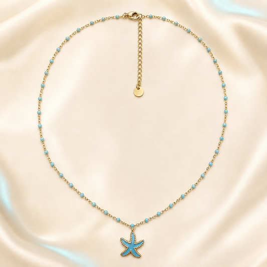 Collier Étoile de mer turquoise en acier inoxydable doré