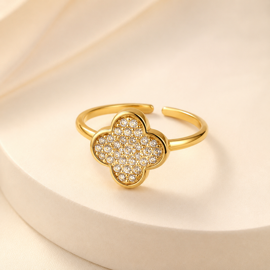 Bague Trèfle dorée réglable en acier inoxydable