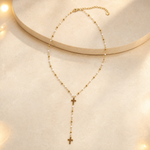 Collier Croix en Y doré et perles blanches en acier inoxydable