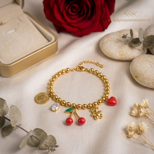 Bracelet Charms Doré en Acier Inoxydable Coeur, Cerises & Ourson